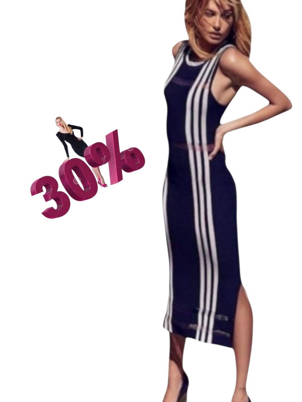 GUESS Navy Blue Sleeveless Sheath Midi Dress S Side Slit Stripe Stretchy Ribbed
